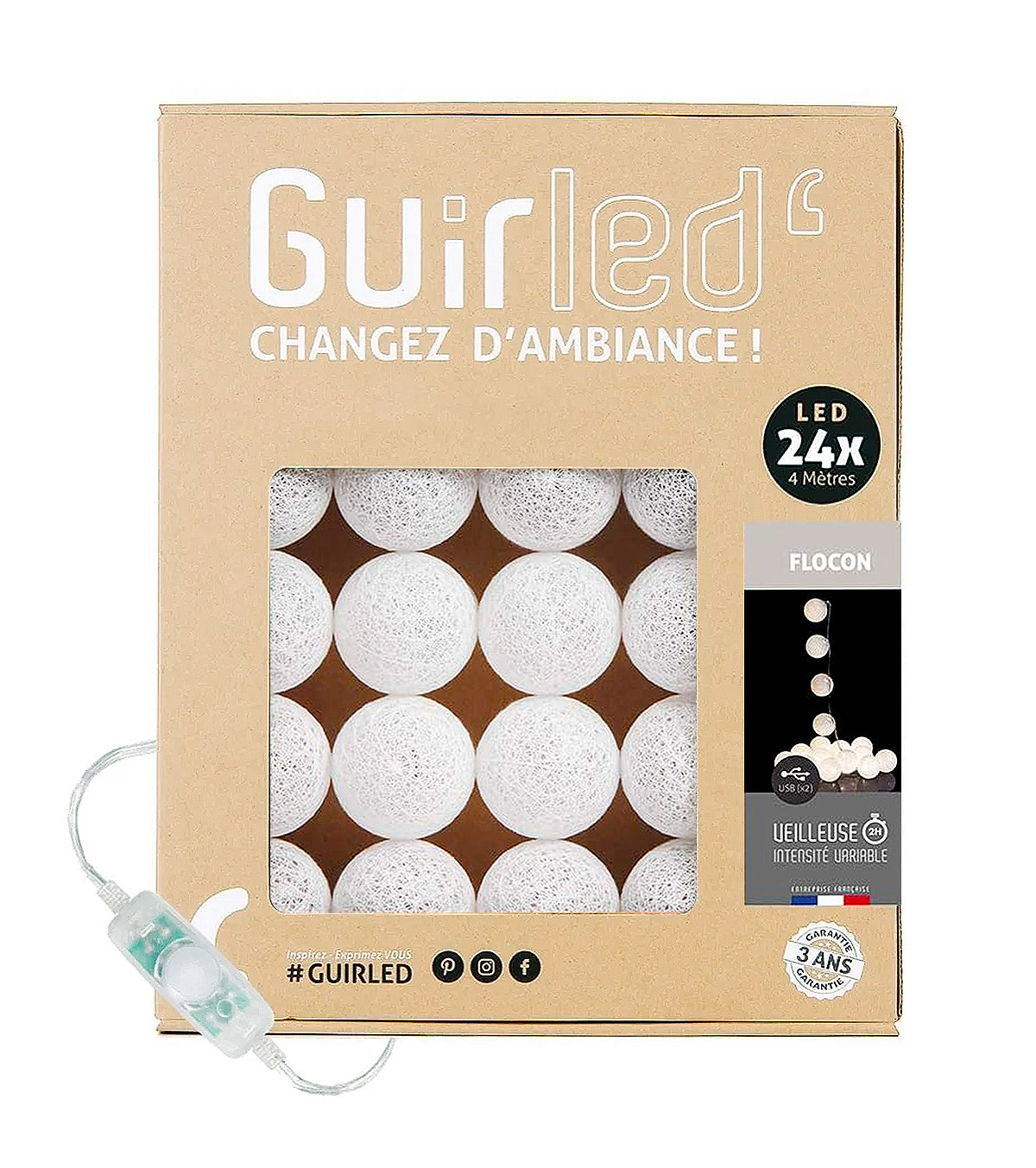 Guirlande lumineuse 24 boules de coton (blanc) - Éclairage décoratif intérieur