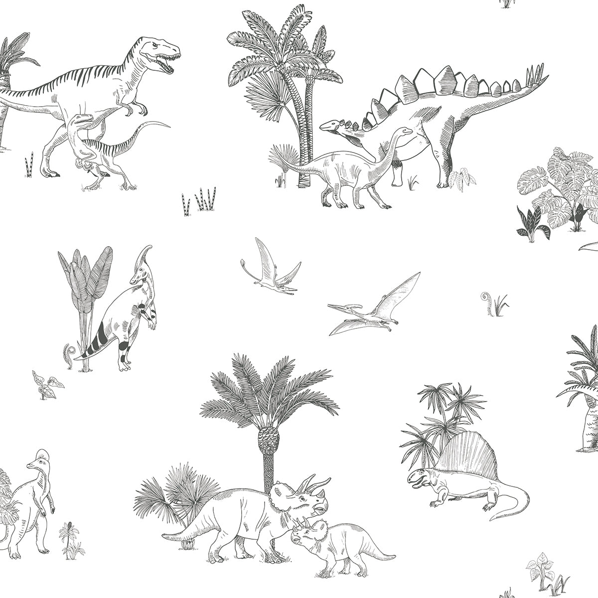 DINOSAURUS - Papel pintado de muestra, dinosaurios monocromos