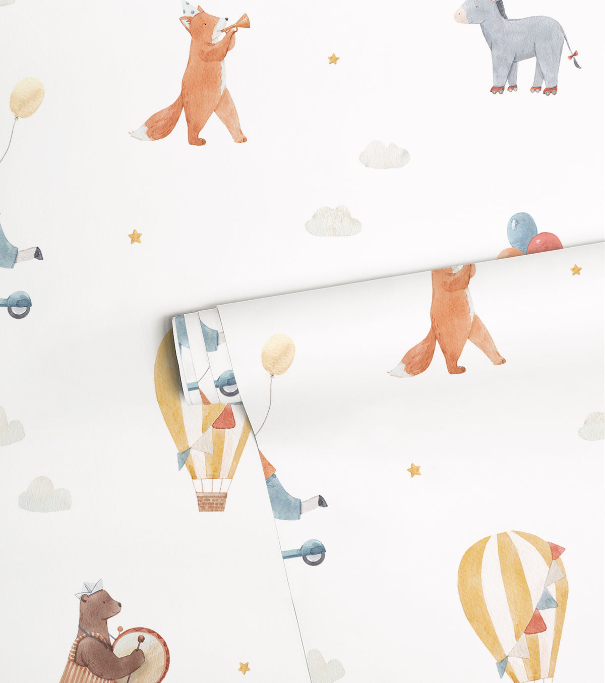 GENTLE FRIENDS - Papel pintado infantil - Motivo animales y globos aerostáticos