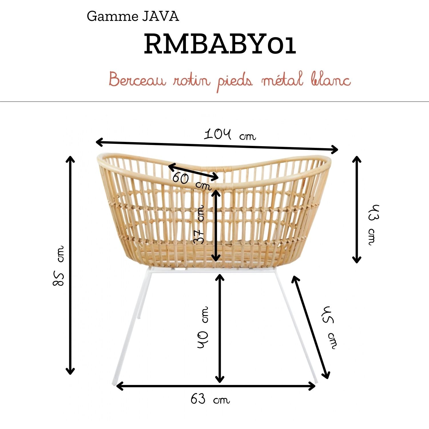 JAVA BLANC - Berceau en rotin et pieds métal blanc