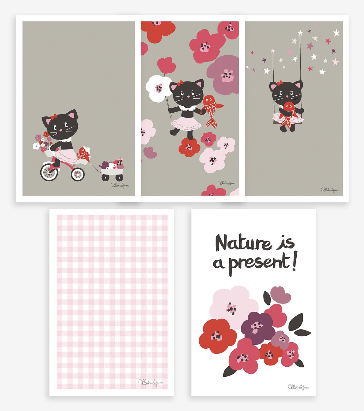 MILLY & FLORE - Tarjetas decorativas - Gatos y flores (set de 5)