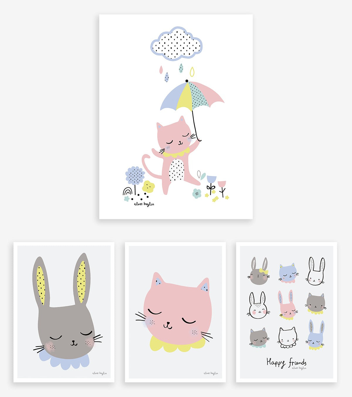 HAPPY CLOUDS - Lote Pósters infantil  - Gatos y conejos (lote de 5)