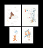 GENTLE FRIENDS - Set de 4 Pósters infantil  - Conejo, oso, zorro, globos aerostáticos