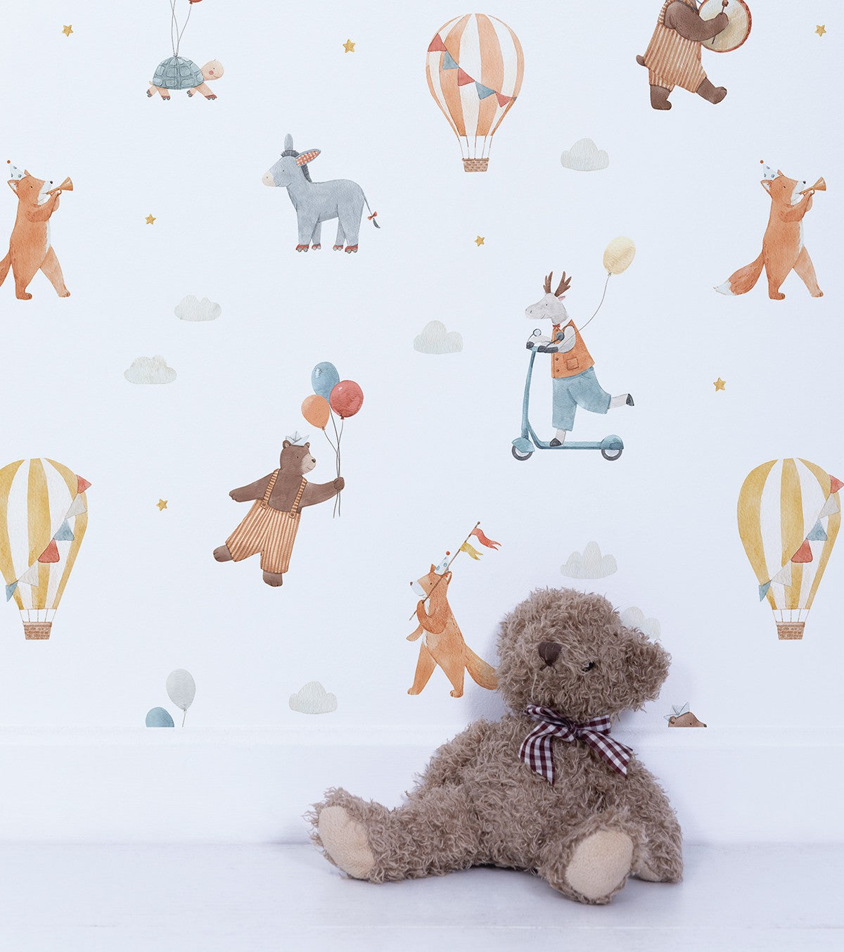 GENTLE FRIENDS - Papel pintado infantil - Motivo animales y globos aerostáticos